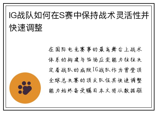 IG战队如何在S赛中保持战术灵活性并快速调整