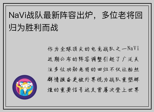 NaVi战队最新阵容出炉，多位老将回归为胜利而战