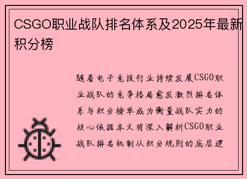 CSGO职业战队排名体系及2025年最新积分榜