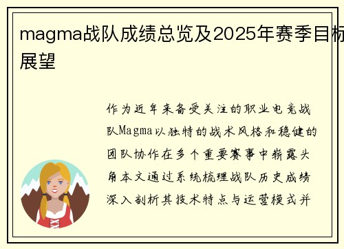 magma战队成绩总览及2025年赛季目标展望